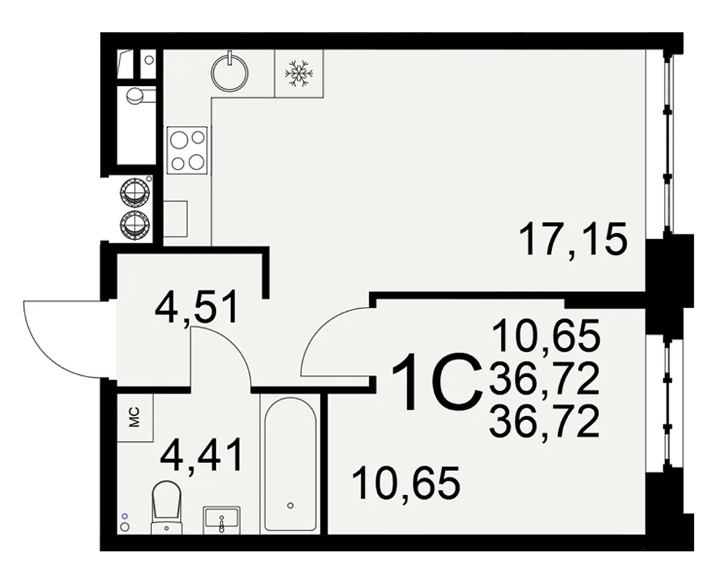 Планировка 1-комнатная, 36.72 м²