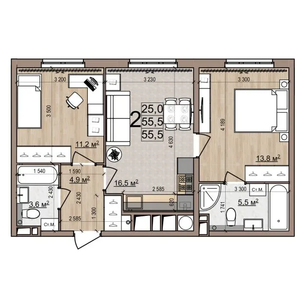 Планировка 2-комнатная, 55.5 м²