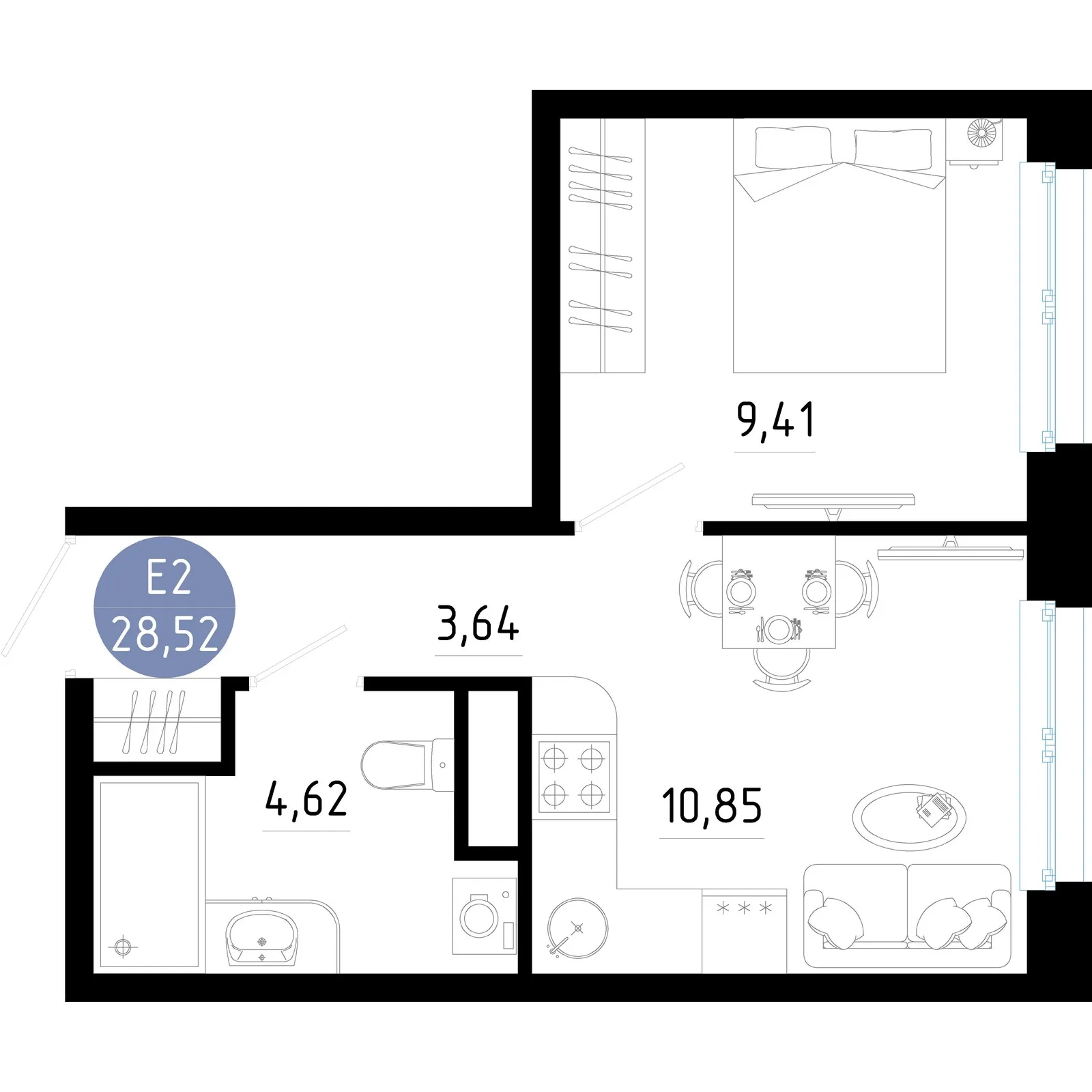 Планировка 1-комнатная, 28.52 м²