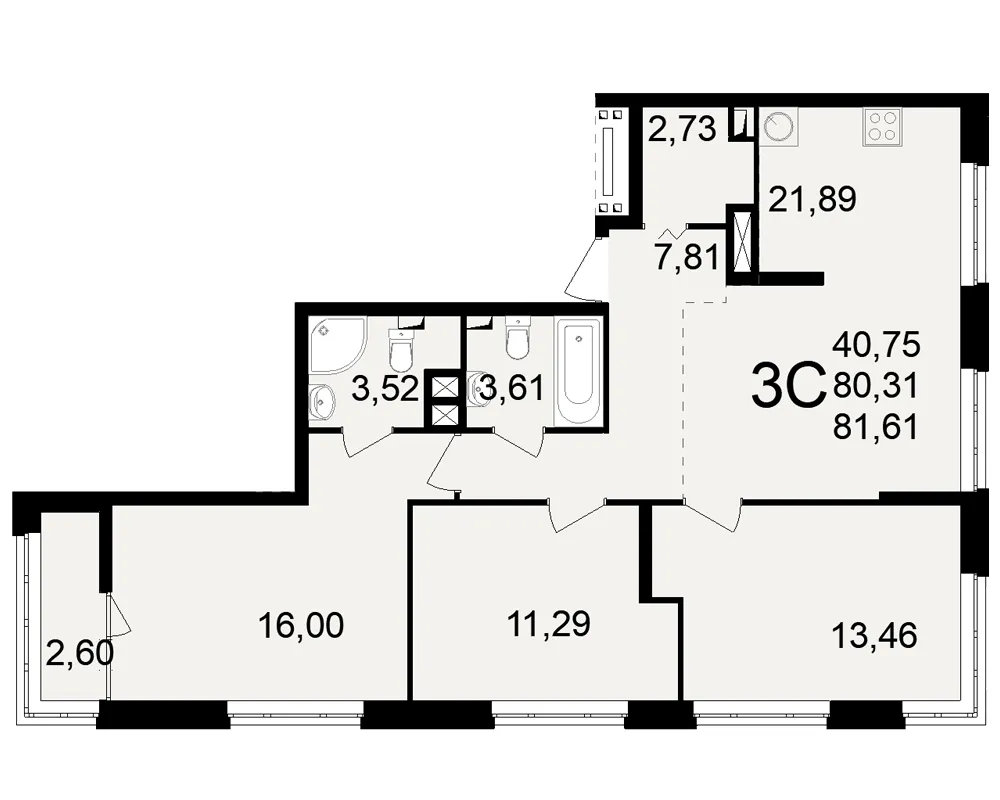 Планировка 3-комнатная, 81.61 м²