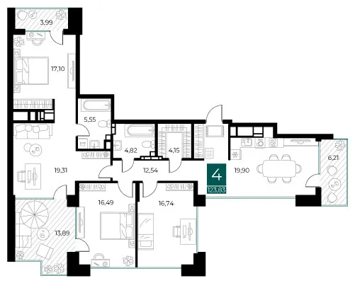 Планировка 4-комнатная, 123.83 м²
