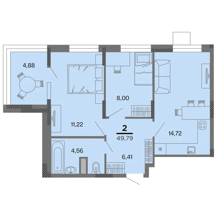Планировка 2-комнатная, 49.79 м²