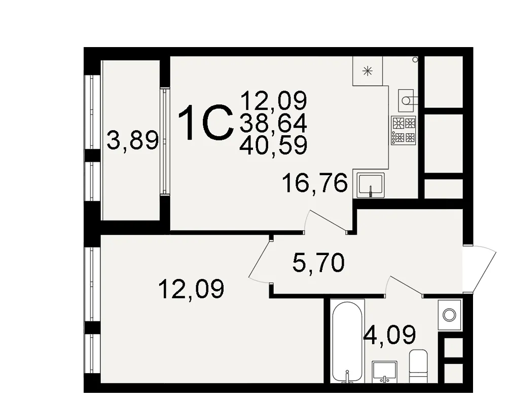 Планировка 1-комнатная, 40.59 м²