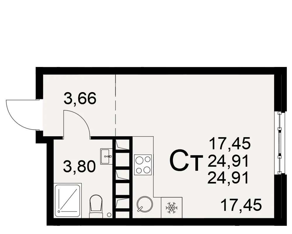 Планировка 1-комнатная, 24.91 м²