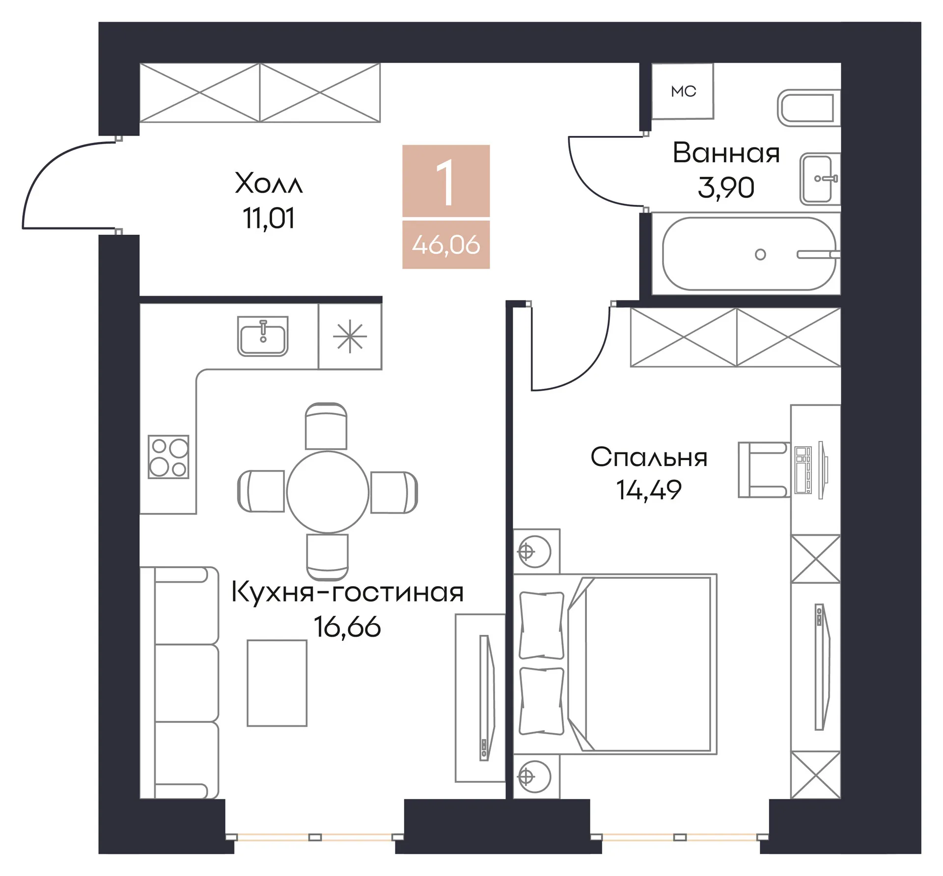 Планировка 1-комнатная, 46.06 м²