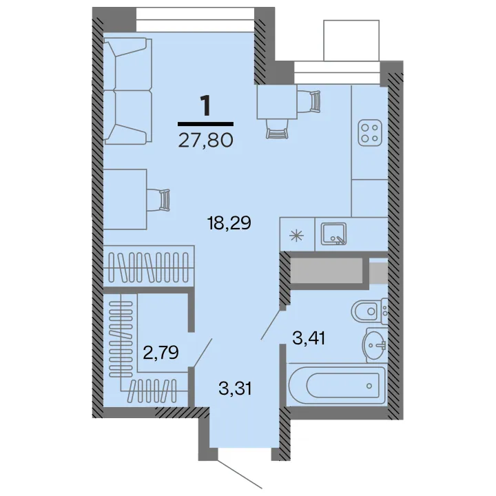 Планировка 1-комнатная, 27.8 м²