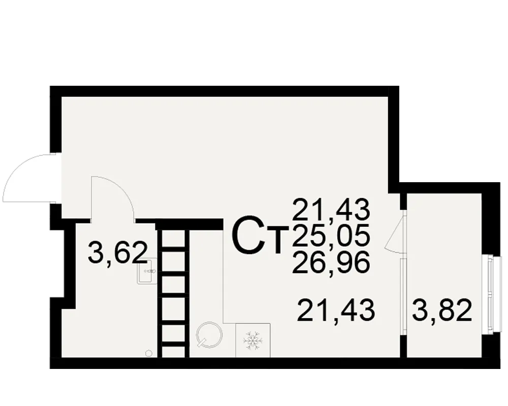 Планировка 1-комнатная, 26.96 м²
