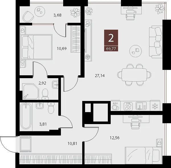 Планировка 2-комнатная, 69.77 м²