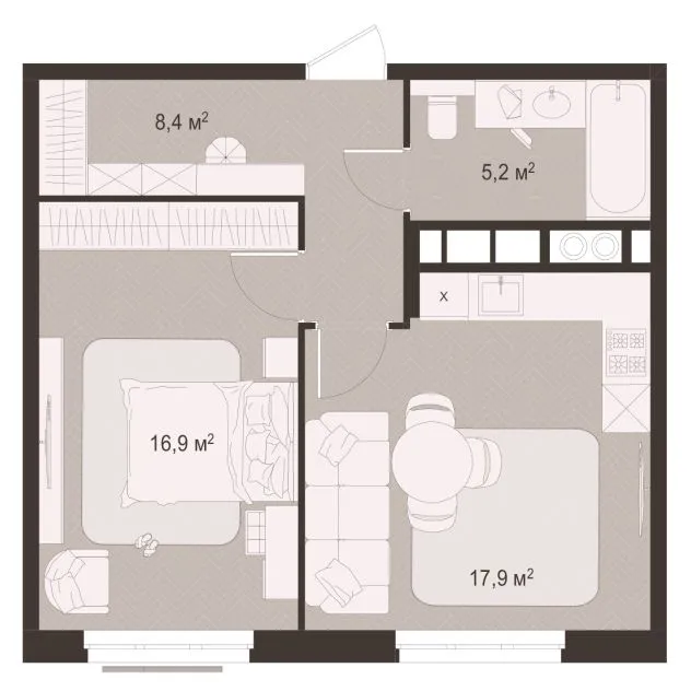 Планировка 1-комнатная, 48.4 м²