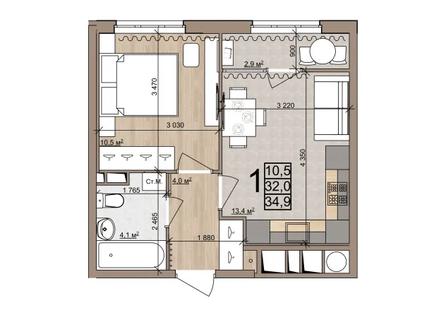 Планировка 1-комнатная, 34.9 м²