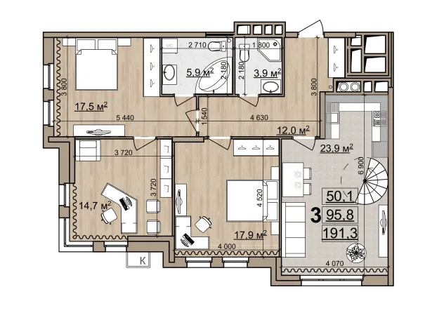 Планировка 3-комнатная, 191.3 м²